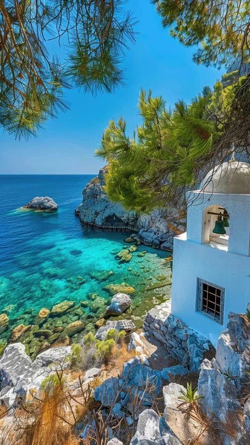 This contains: A small Greek island adorned with a white church, surrounded by crystal-clear turquoise waters, and lush pine trees in royalty free stock photos