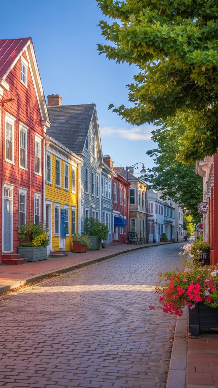 This may contain: a cobblestone street lined with red and yellow houses on either side of each other