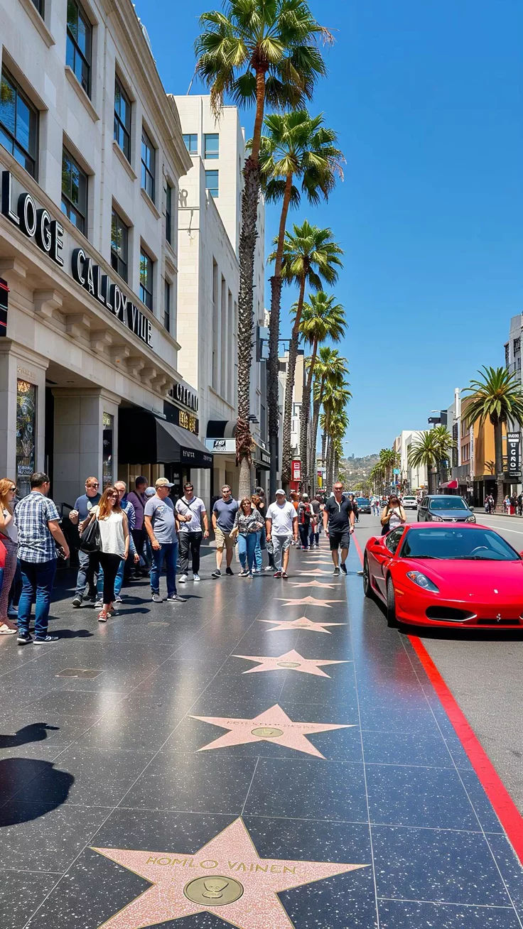This may contain: hollywood walk of fame star with red sports car parked on the sidewalk and people walking around