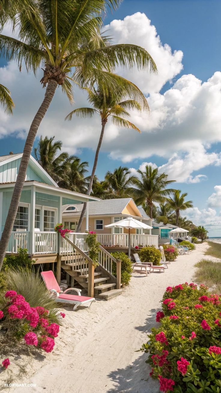 This may contain: the beach is lined with palm trees and lawn chairs, which are on either side of the house