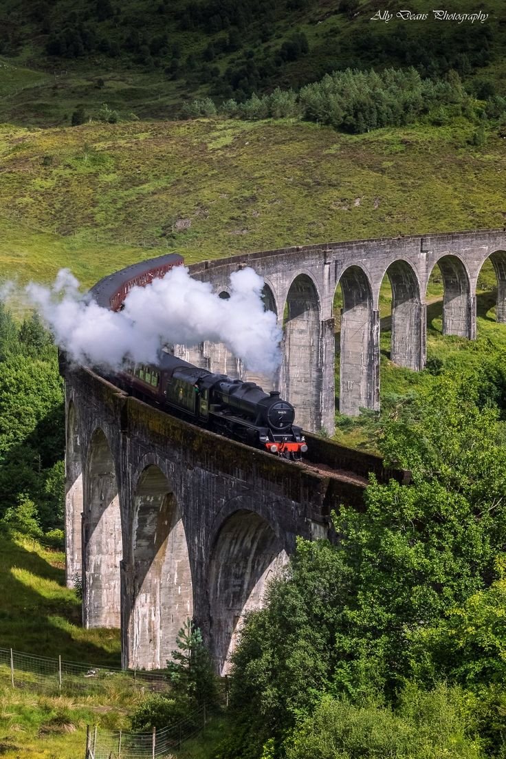 This may contain: a train traveling over a bridge with steam pouring out of it