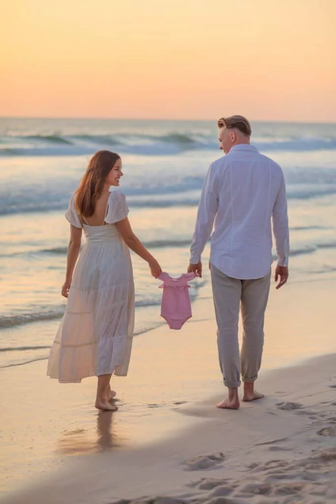 This may contain: a man and woman holding hands walking on the beach at sunset with waves in the background