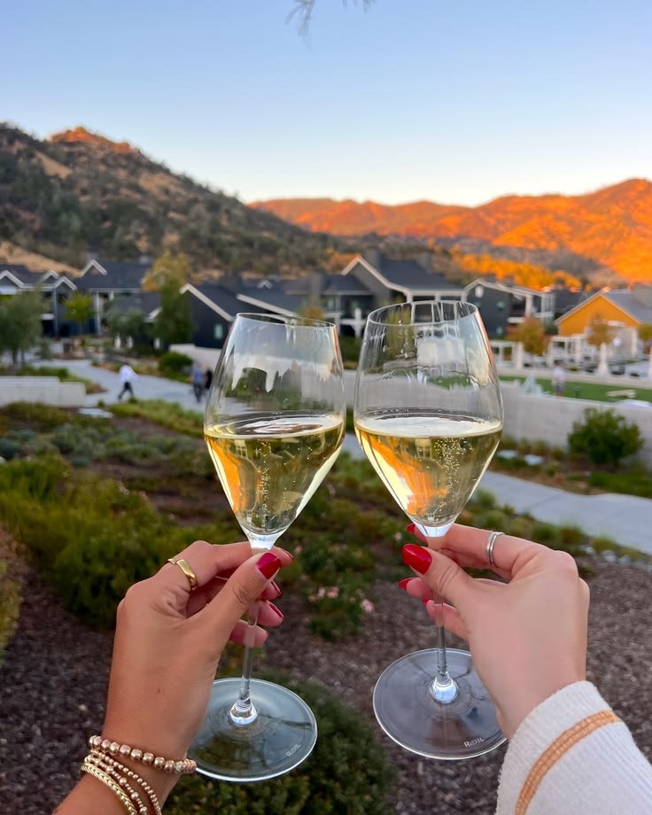 This may contain: two people toasting with wine glasses in front of a mountain range and houses at sunset