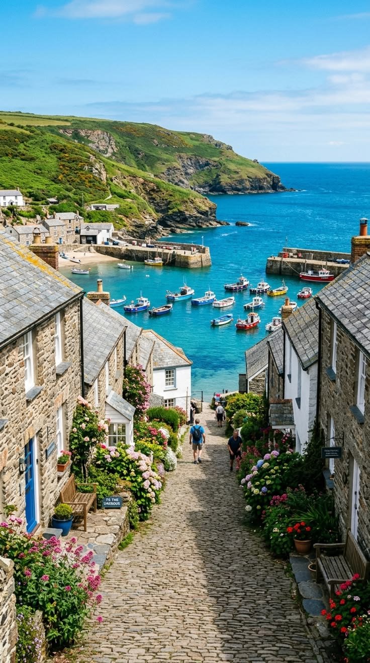This may contain: a cobblestone street with boats in the water and people walking down it on either side