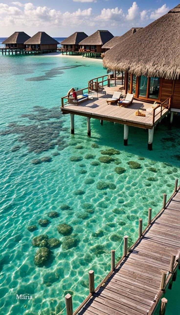 This may contain: the water is crystal blue and clear with some huts on it's dock in the ocean