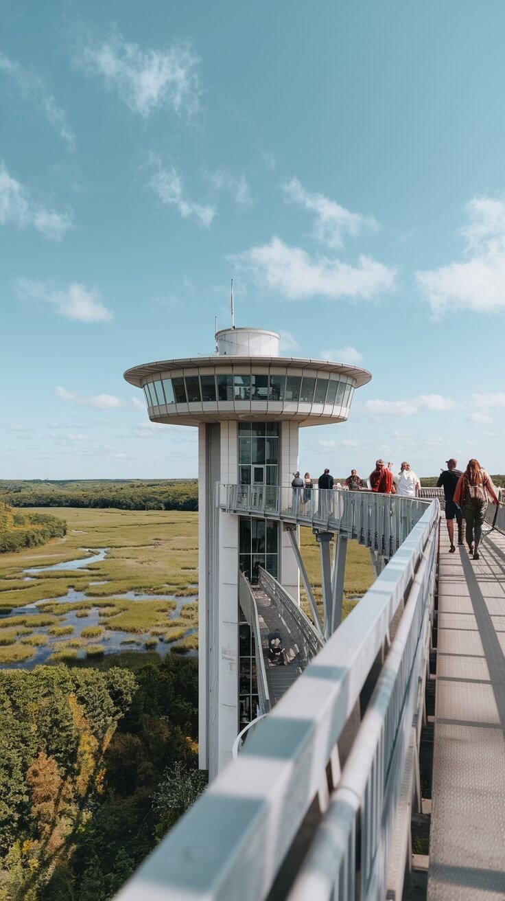 This may contain: people are walking across a bridge over looking the water and marshy area in the distance