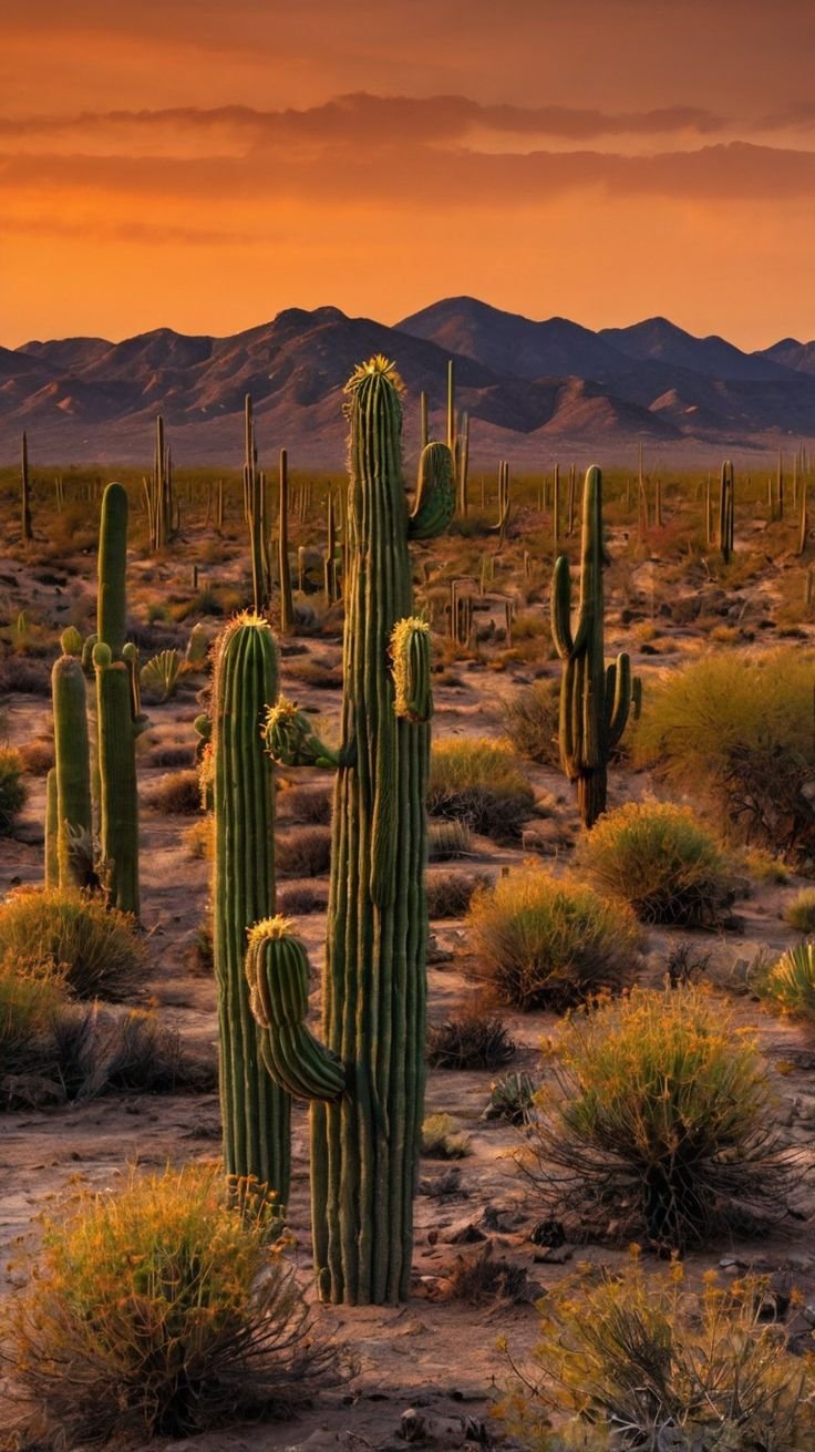 This may contain: a large cactus in the middle of a desert with mountains in the background at sunset