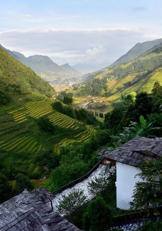 This may contain: the mountains are covered with rice terraces and trees in the foreground is a river running through it