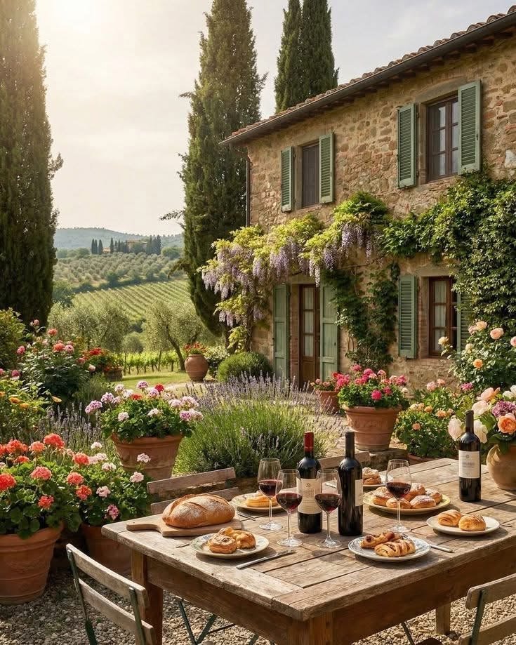 This may contain: an outdoor table with food and wine on it in front of a house surrounded by flowers