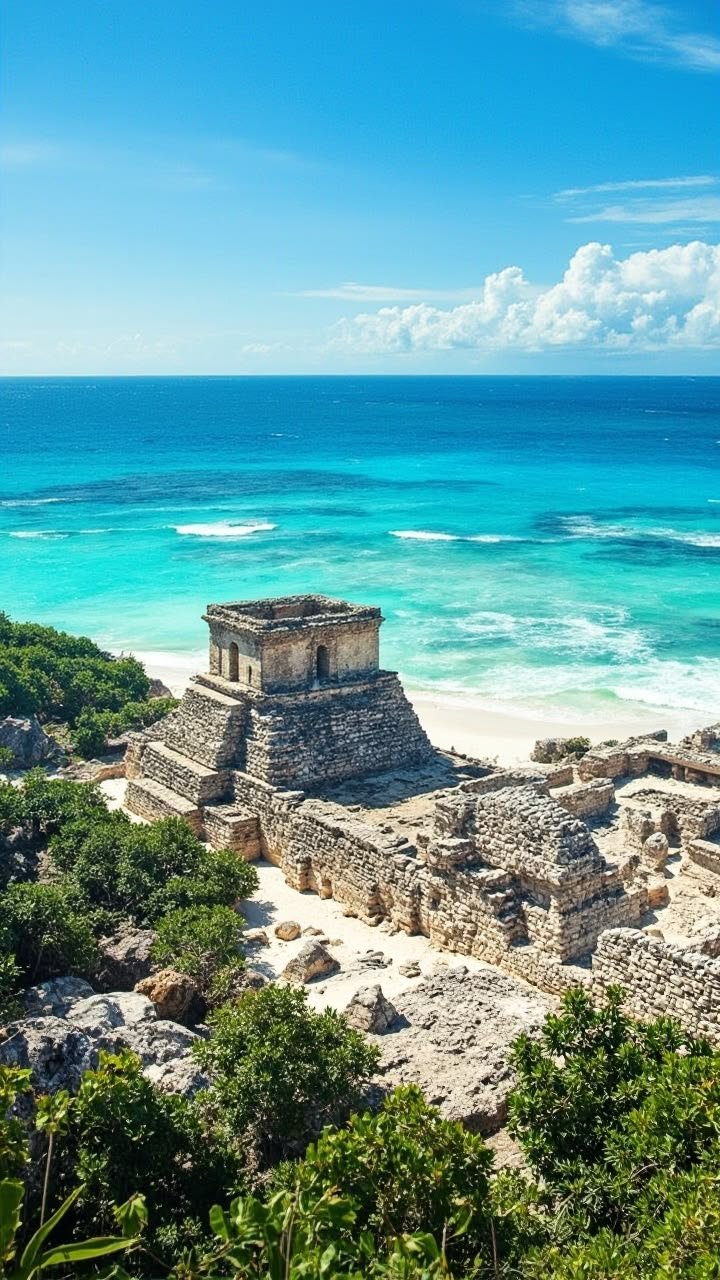 This may contain: an old structure on the beach with blue water in the backgrouds and clouds in the sky