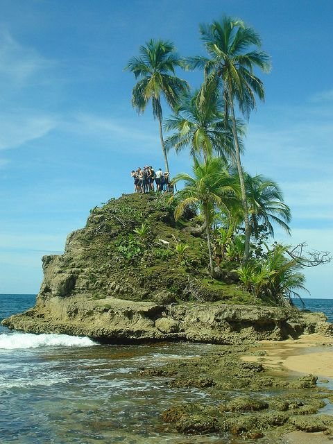 This may contain: some people are standing on top of a small island by the ocean with palm trees