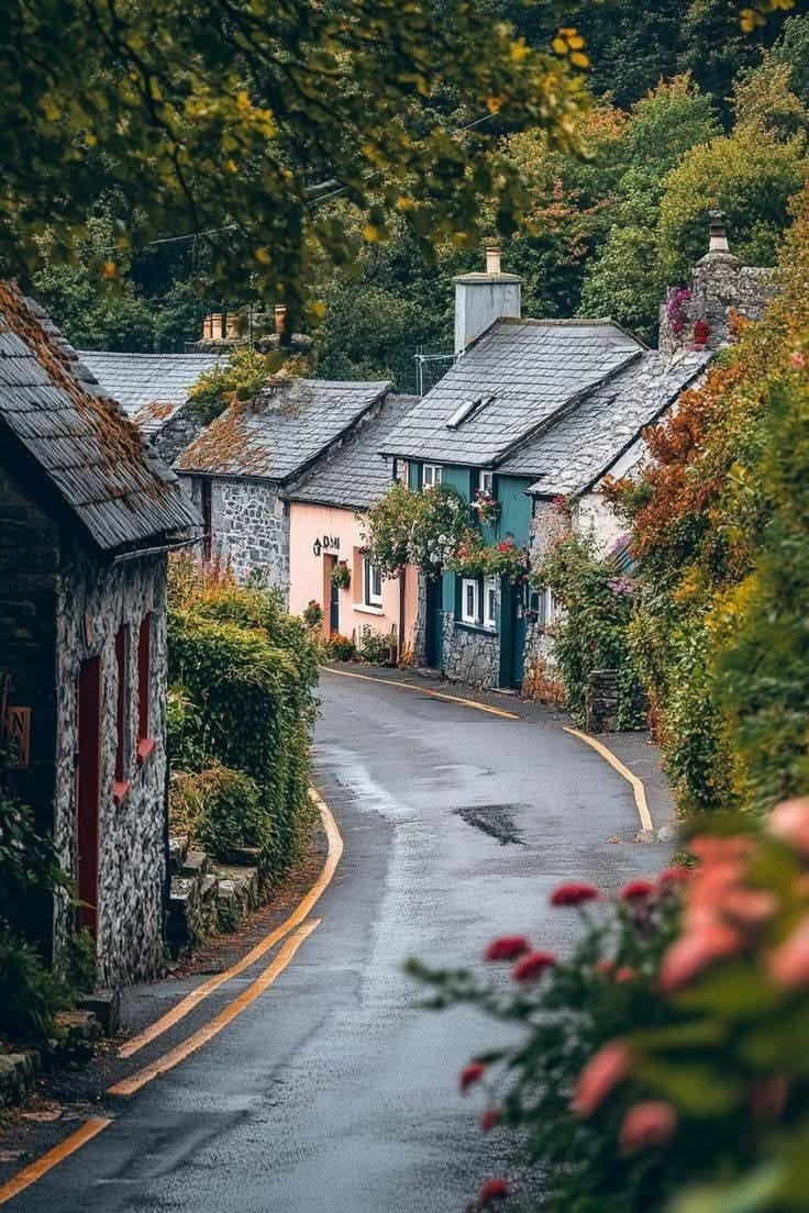 This may contain: an empty street with houses on both sides and flowers in the foreground, surrounded by greenery