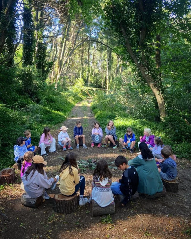 This may contain: a group of children sitting on top of a dirt road in the woods next to trees