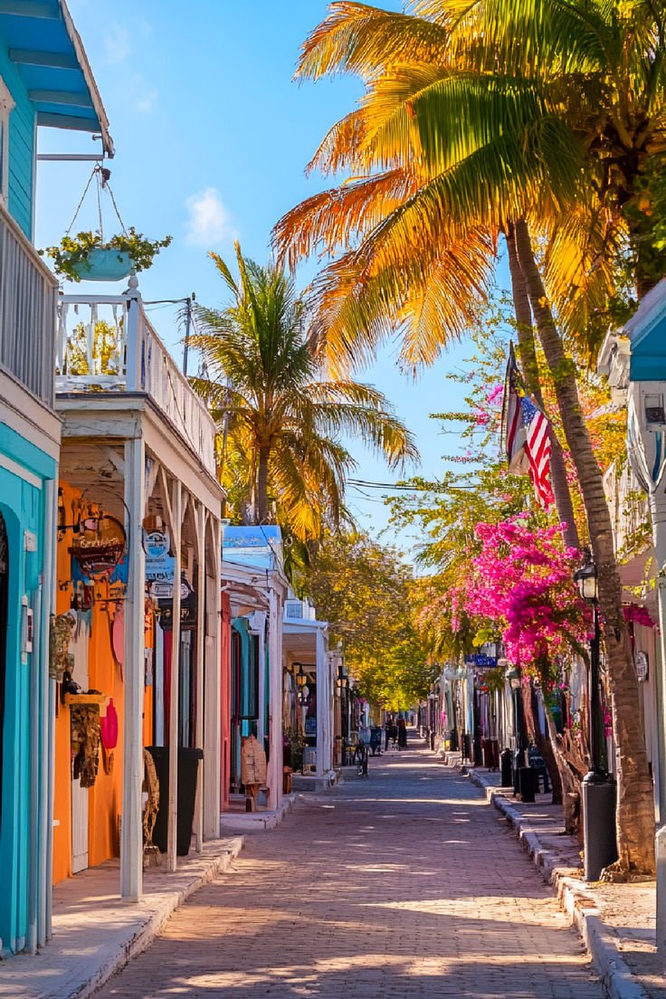 This contains: A sunlit street in Key West, Florida, lined with pastel-colored cottages, palm trees, and blooming flowers, capturing the essence of a warm winter getaway.