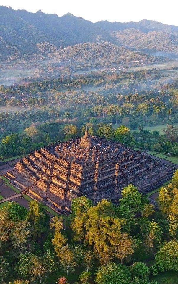 This may contain: an aerial view of a temple surrounded by trees