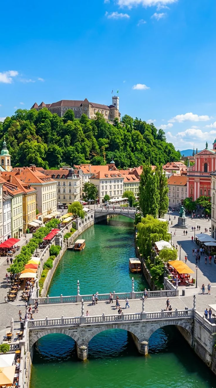 This may contain: the river is running through town with people walking on it