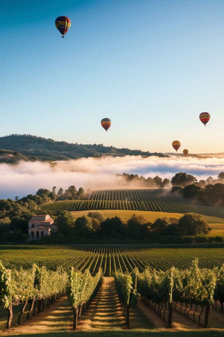 This contains: Napa Valley in 2026: Harvest season's magic awaits! Hot air balloons, vineyards, historic wineries, and breathtaking views. Plan your dream getaway! Explore wine tours and luxury stays. Book your trip today! #NapaValley #WineCountry #CaliforniaWine #TravelInspiration