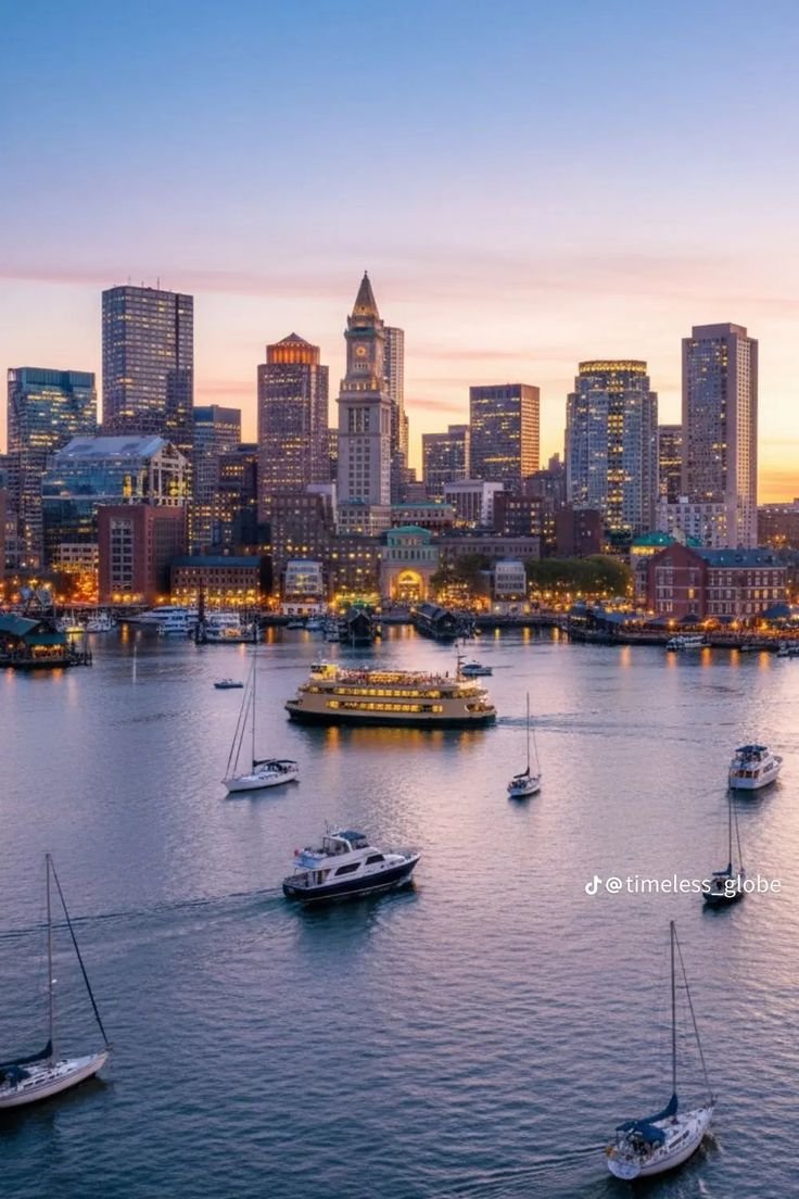 This may contain: the city skyline is lit up at night with boats in the water and onlookers