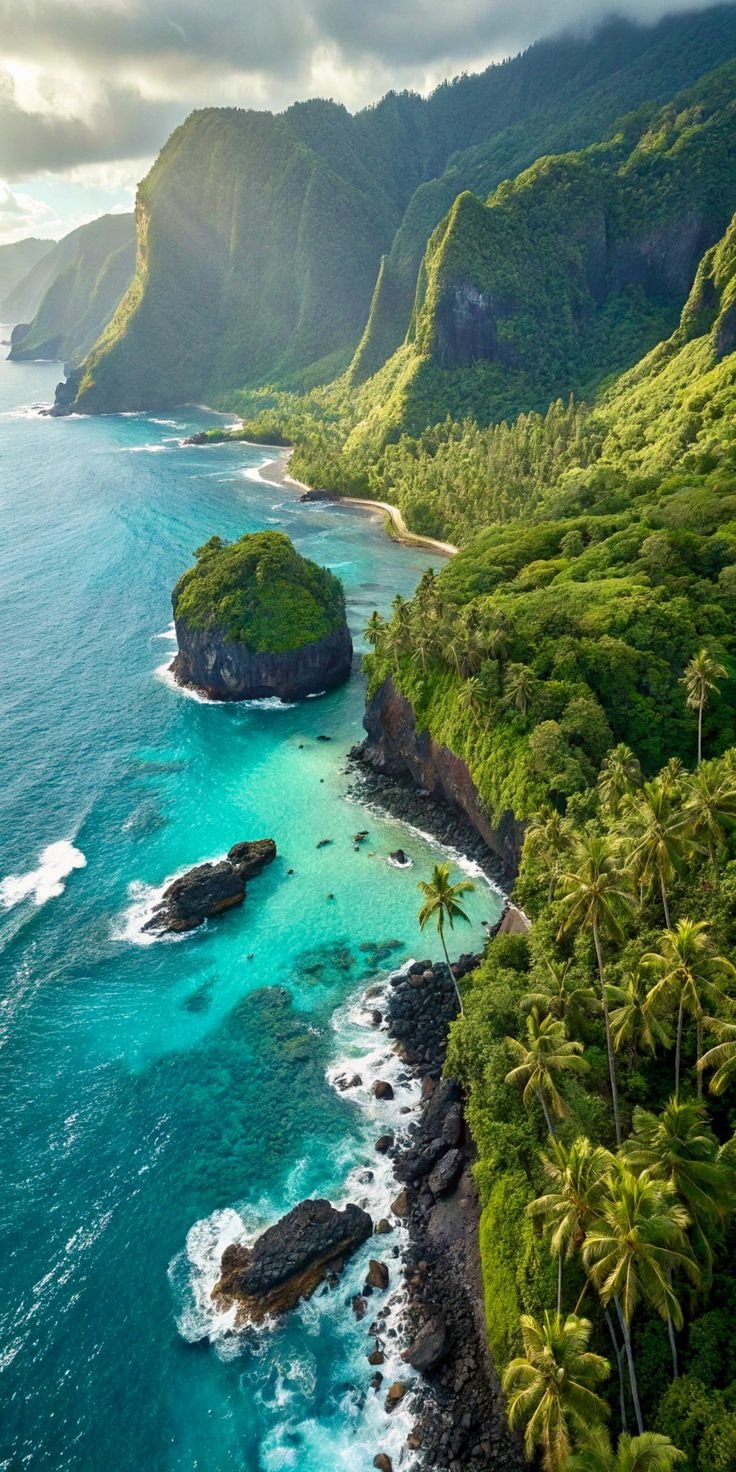 This may contain: an aerial view of the ocean with palm trees and mountains in the background, hawaii