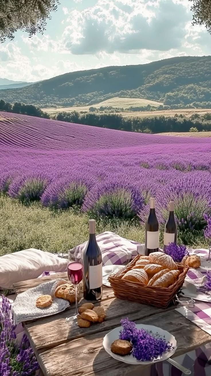 This may contain: a picnic table with bread and wine on it in front of lavender fields, under a tree