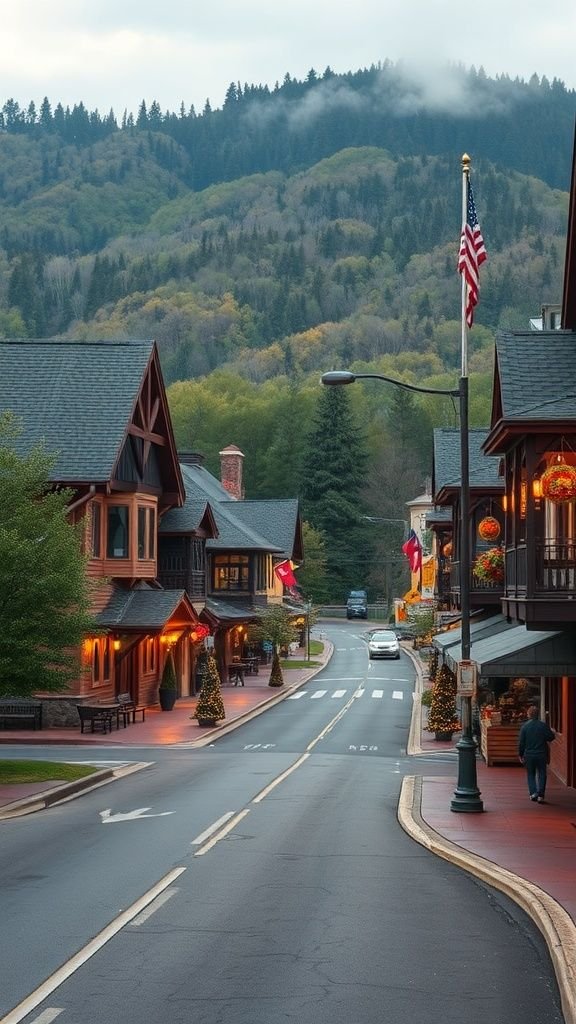 This may contain: an empty street in the mountains with houses on each side and flags flying from them