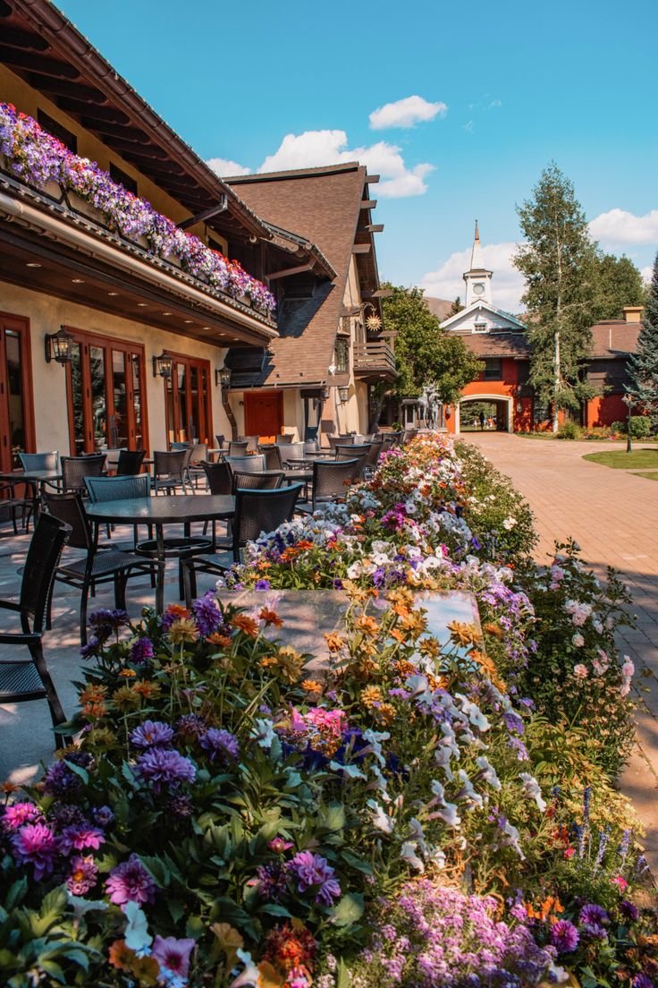 This may contain: an outdoor dining area with tables and flowers in the foreground