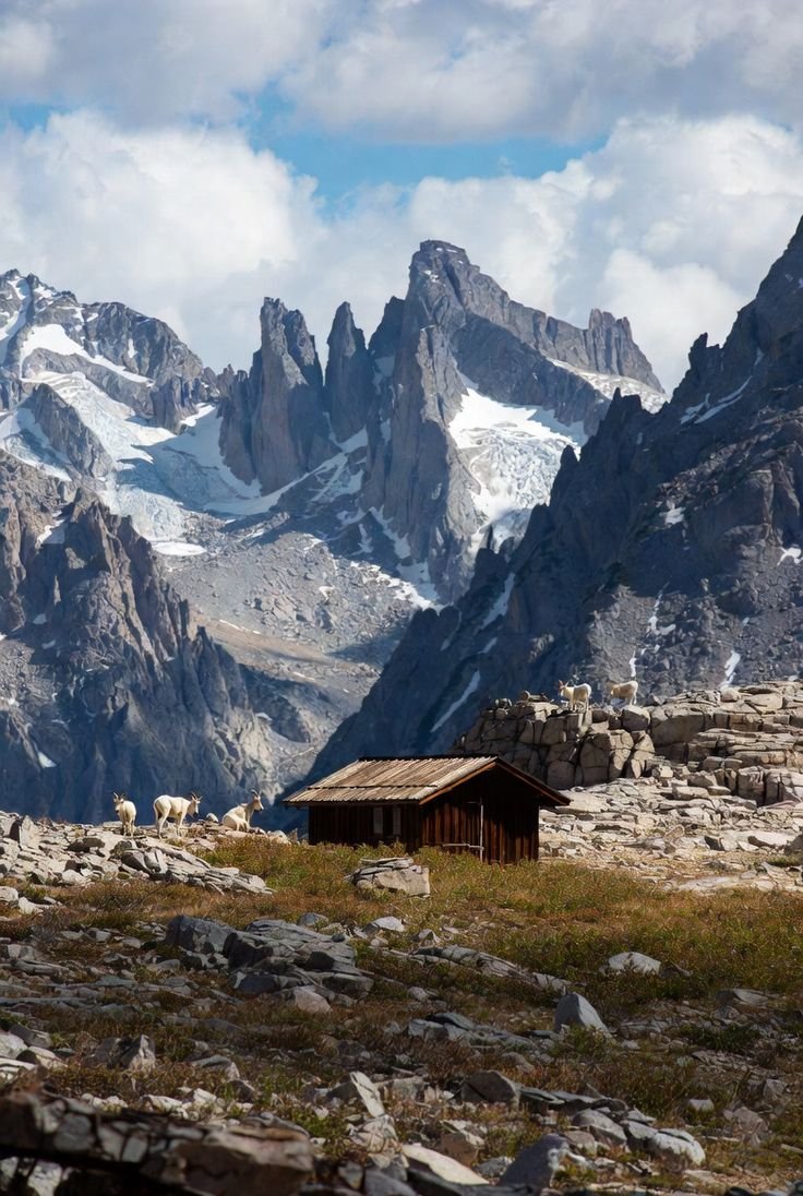 This may contain: the mountain range is covered in snow and has a small hut with sheep standing on it