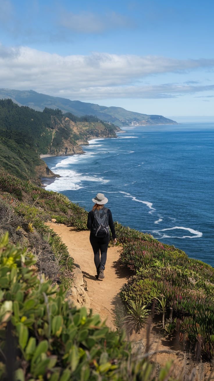 This may contain: a person with a hat walking down a path next to the ocean on a sunny day