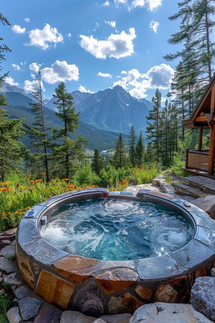 This may contain: an outdoor hot tub surrounded by rocks and flowers with the mountains in the back ground