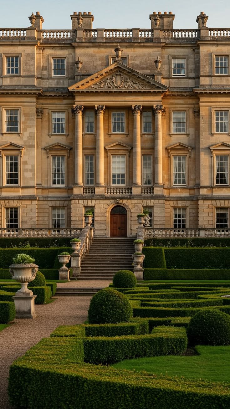 This may contain: a large building with lots of hedges in front of it