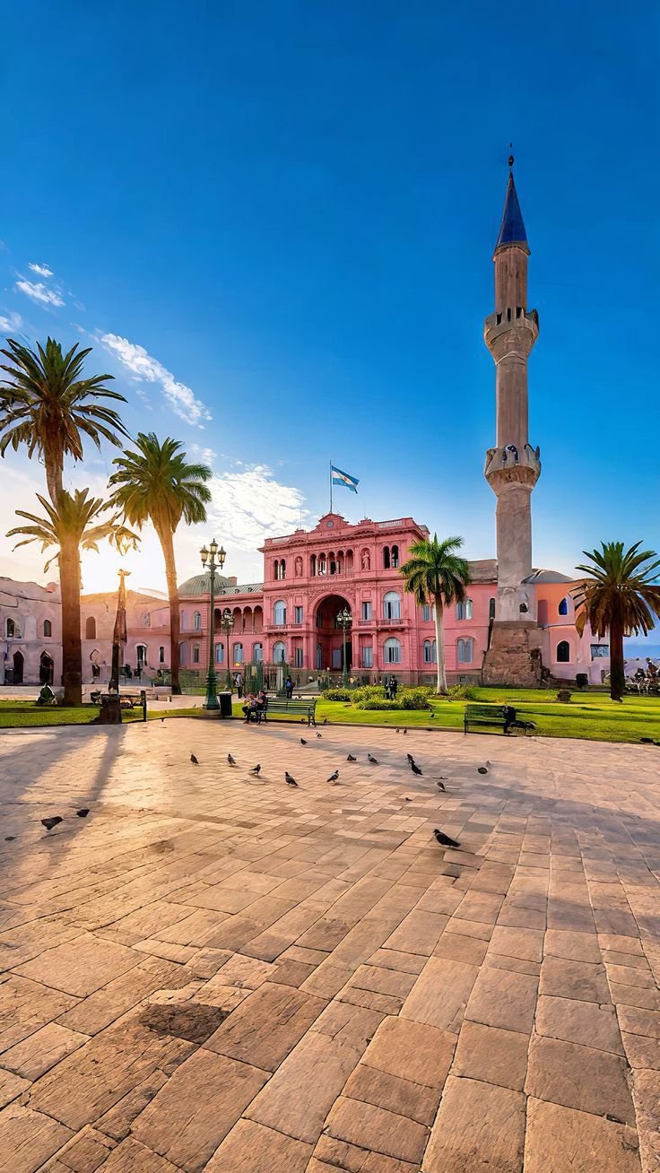 This may contain: birds are sitting on the ground in front of a building with a tower and palm trees