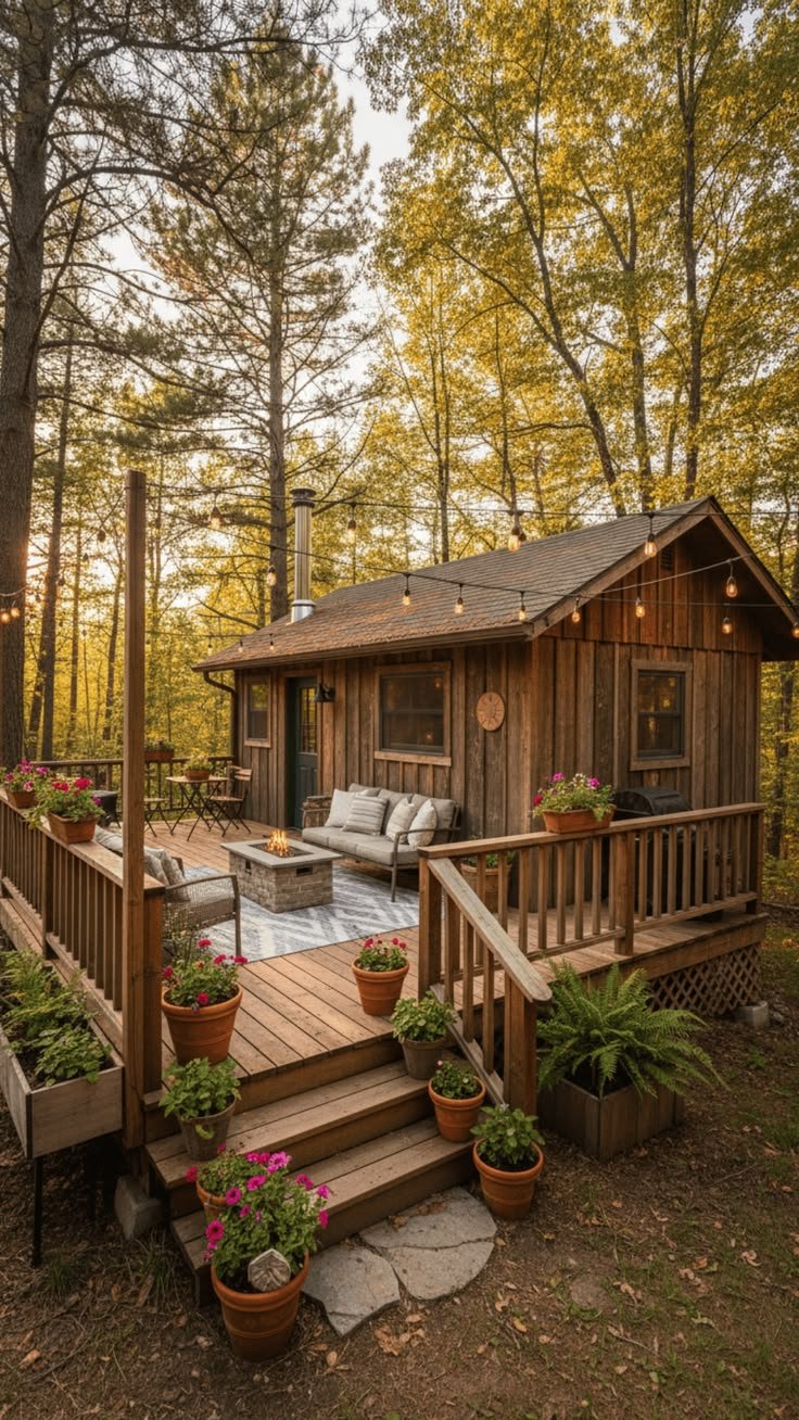 This may contain: a wooden deck with potted plants next to a hot tub in the middle of trees