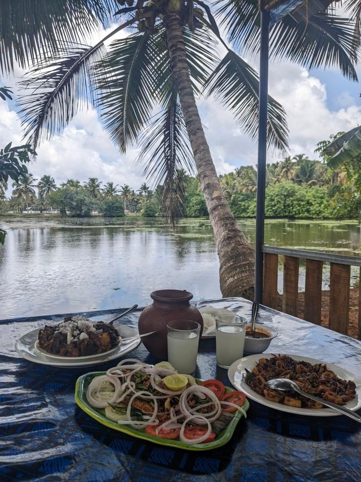 This may contain: an outdoor table with plates of food on it next to a lake and palm tree