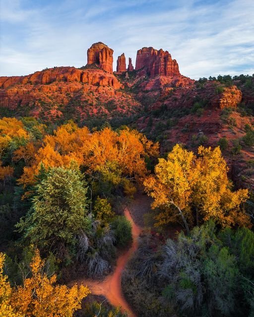 This may contain: an aerial view of the red rocks and trees