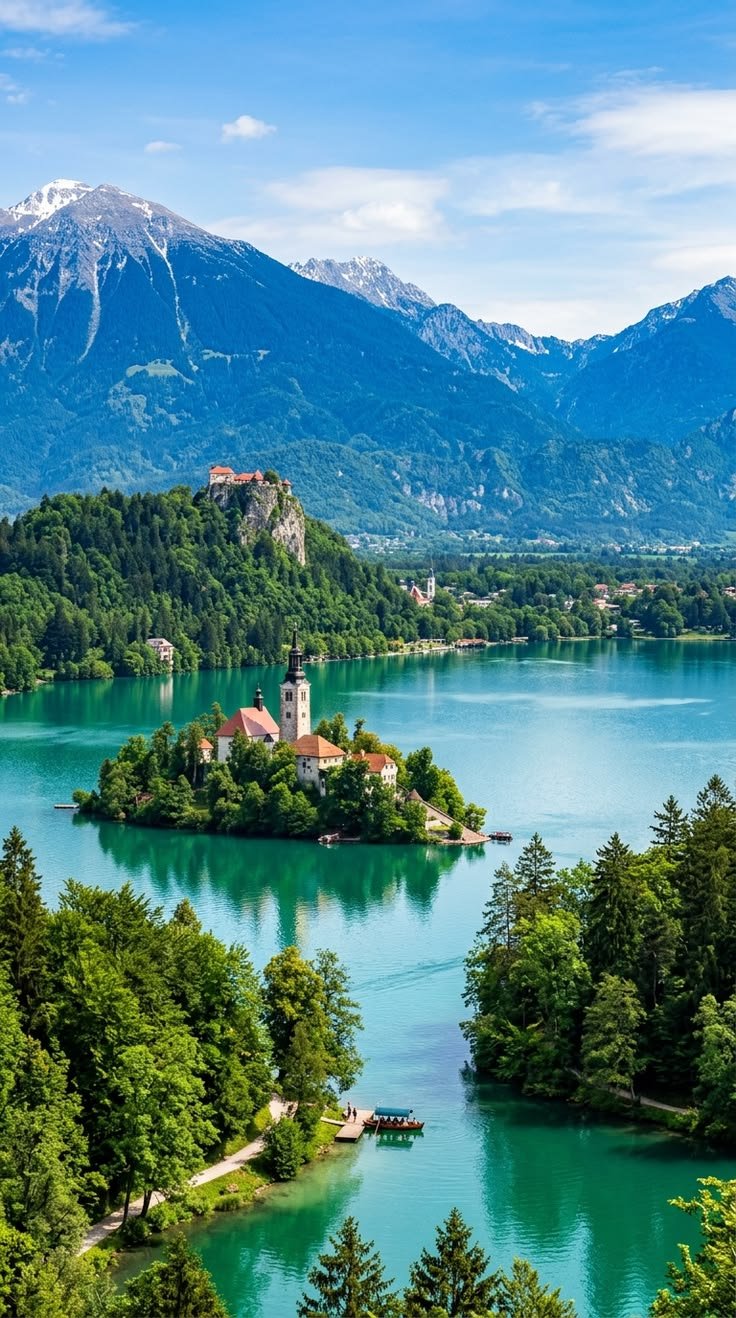 This may contain: an island in the middle of a lake surrounded by trees and mountains with a church on it