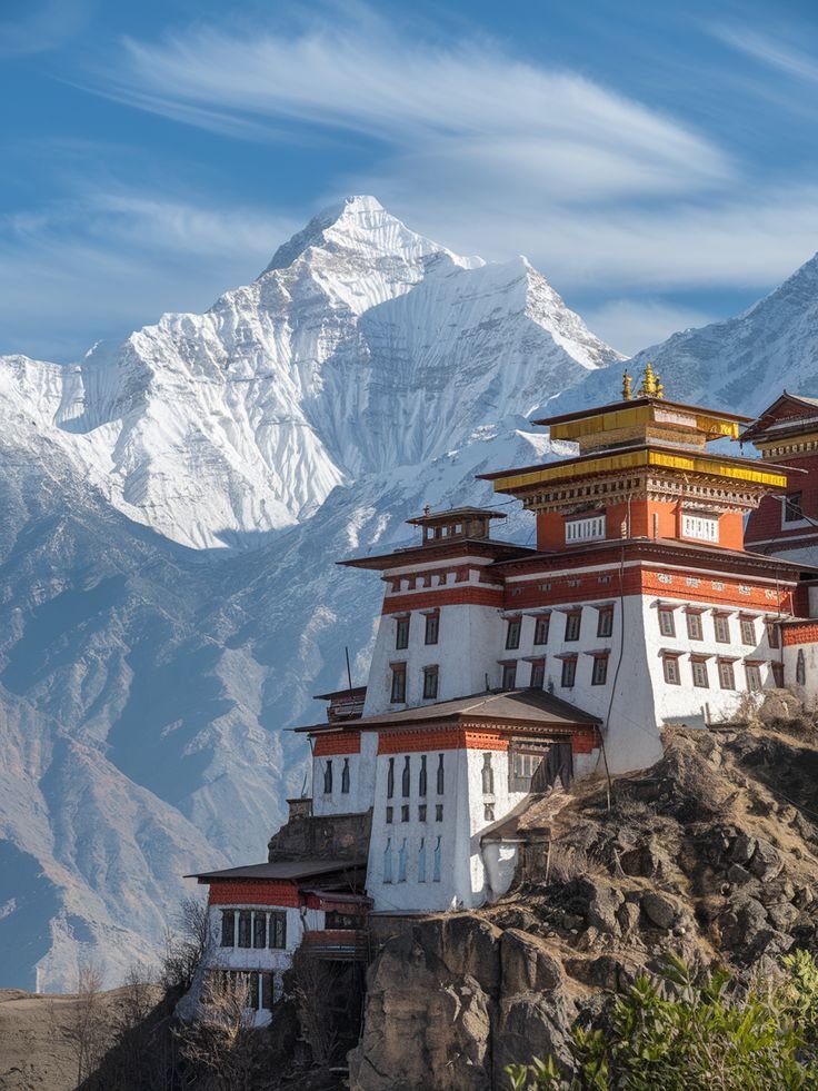 This may contain: a large white and red building sitting on top of a mountain next to snow covered mountains