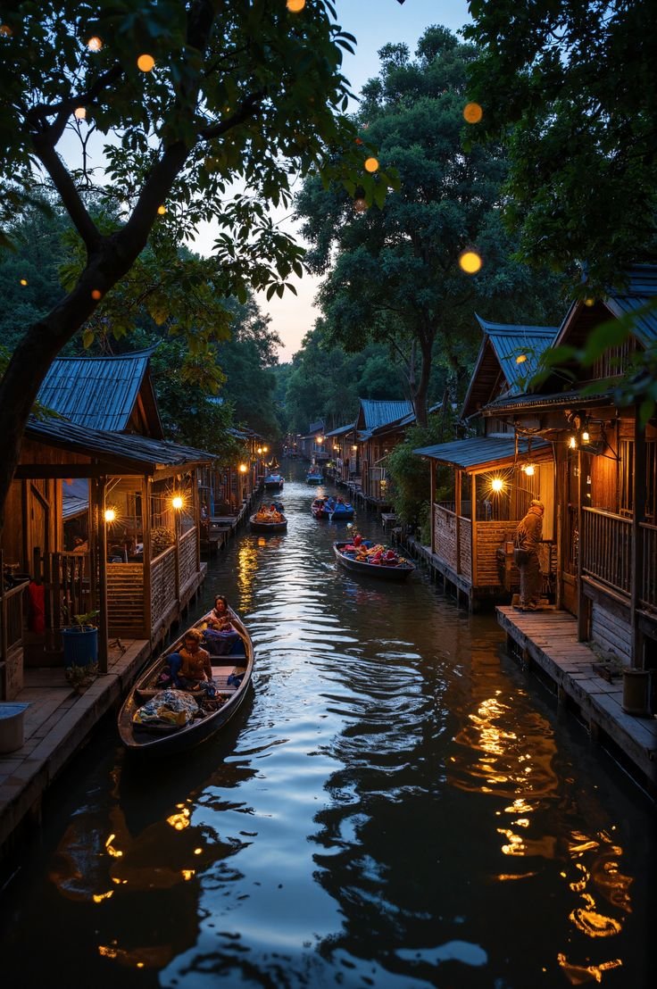 This contains: Escape to the magical Amphawa Floating Market at dusk! ✨ Explore traditional wooden houses, savor boat noodles, and witness fireflies dancing in the trees. #Thailand #Travel #FloatingMarket
