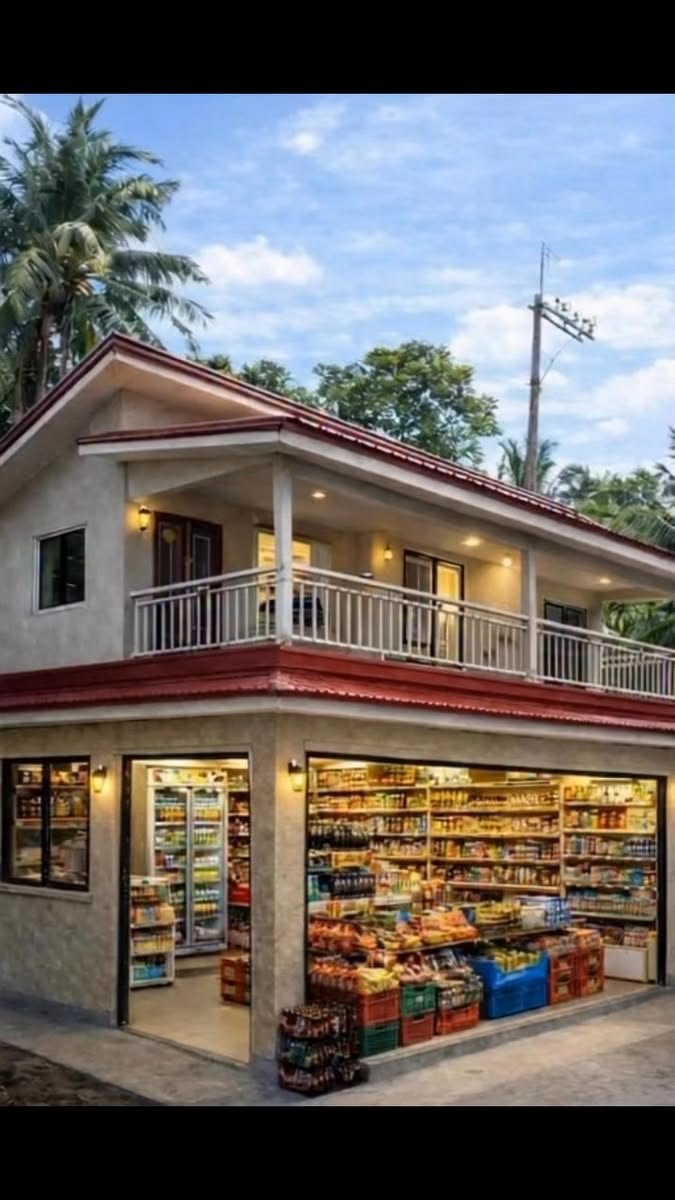 This may contain: an image of a store that is on the side of the road in front of some trees