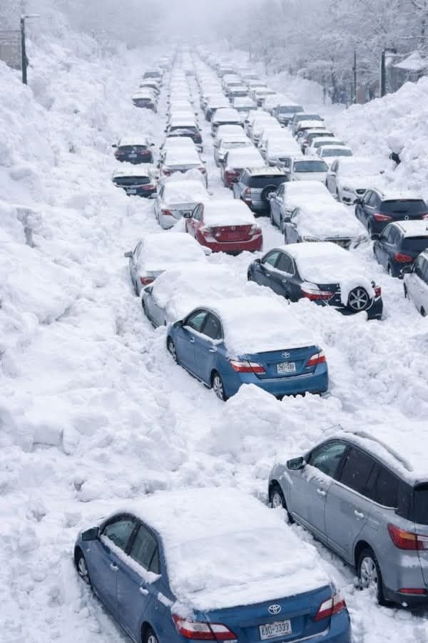This may contain: many cars are covered in snow on the side of a hill, with one parked