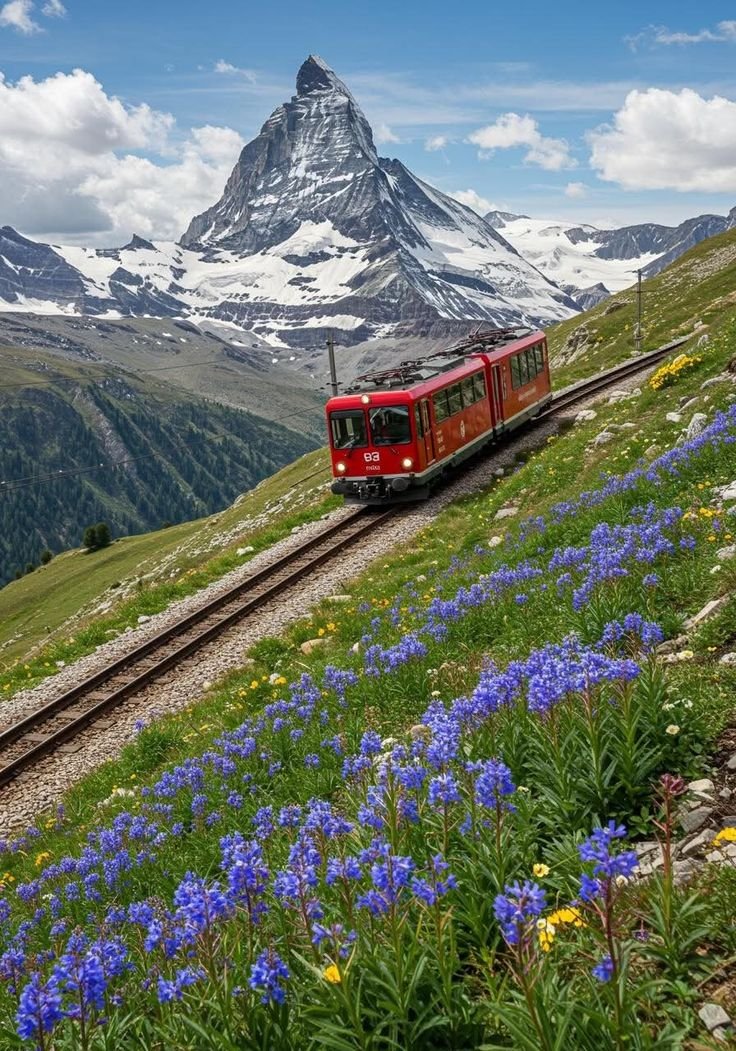 This may contain: a red train traveling through a lush green hillside covered in snow capped mountain peaks and blue wildflowers