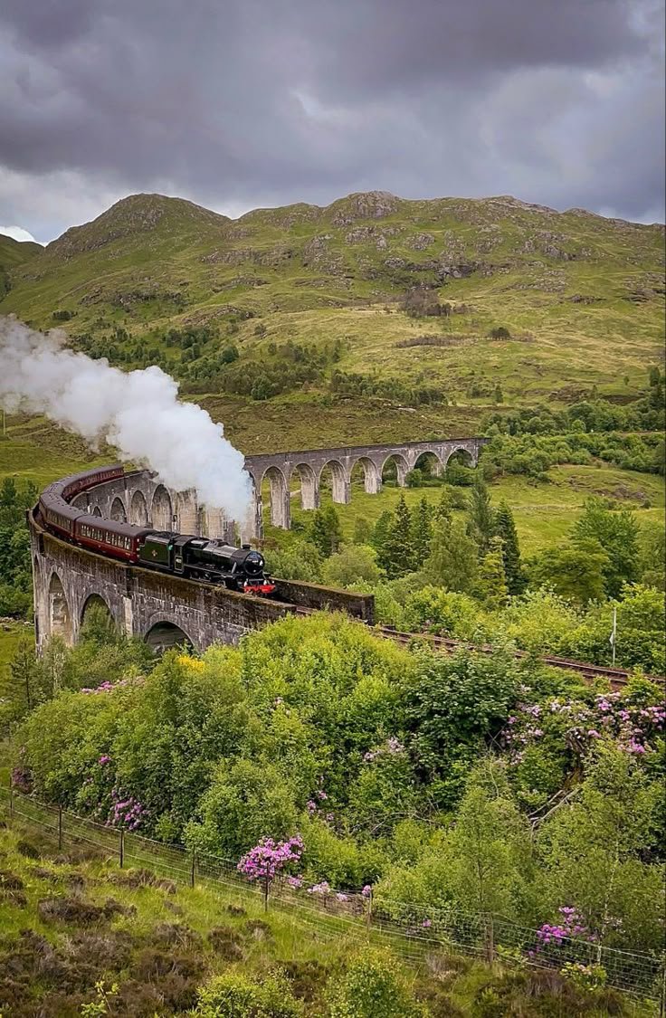 This may contain: a train traveling over a bridge on top of a lush green hillside under a cloudy sky