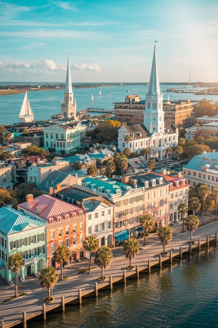 This may contain: an aerial view of colorful buildings along the water in charleston, sc on a sunny day