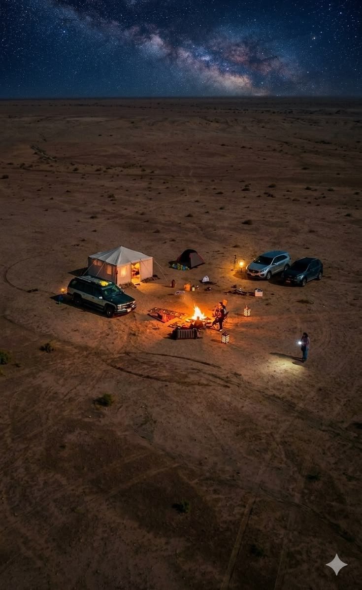 This may contain: people are camping in the desert at night with their campfires lit up and cars parked nearby