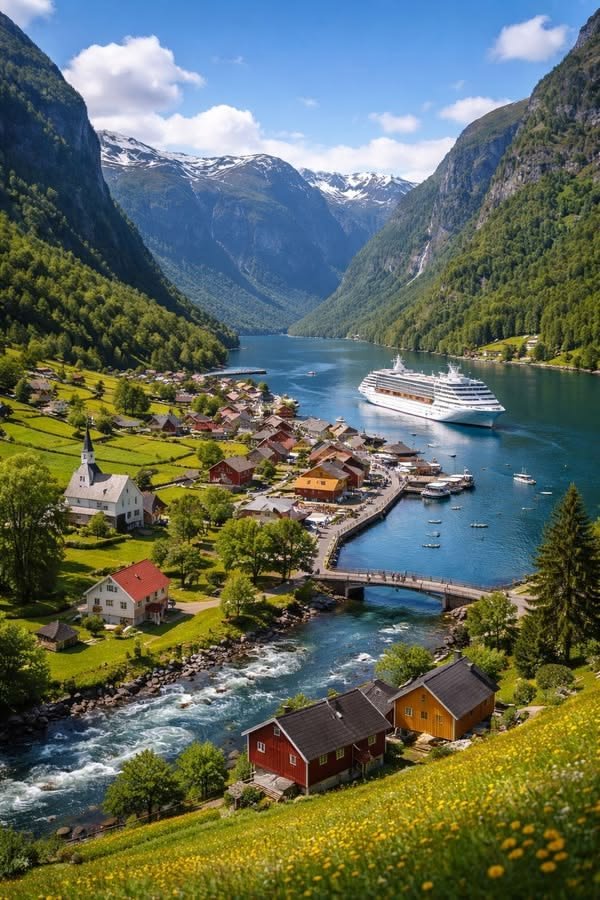 This may contain: a cruise ship is in the water next to some houses and mountains with snow on them