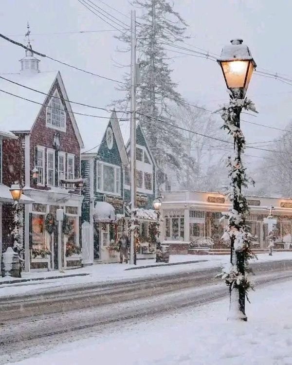 This may contain: a street light is covered in snow on a snowy day with many buildings and lights