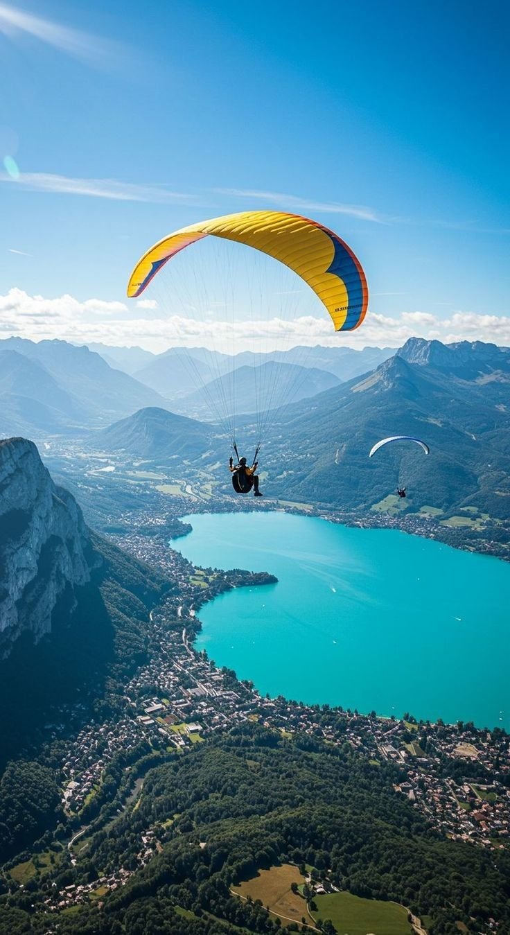 This may contain: a person paragliding over a lake with mountains in the background