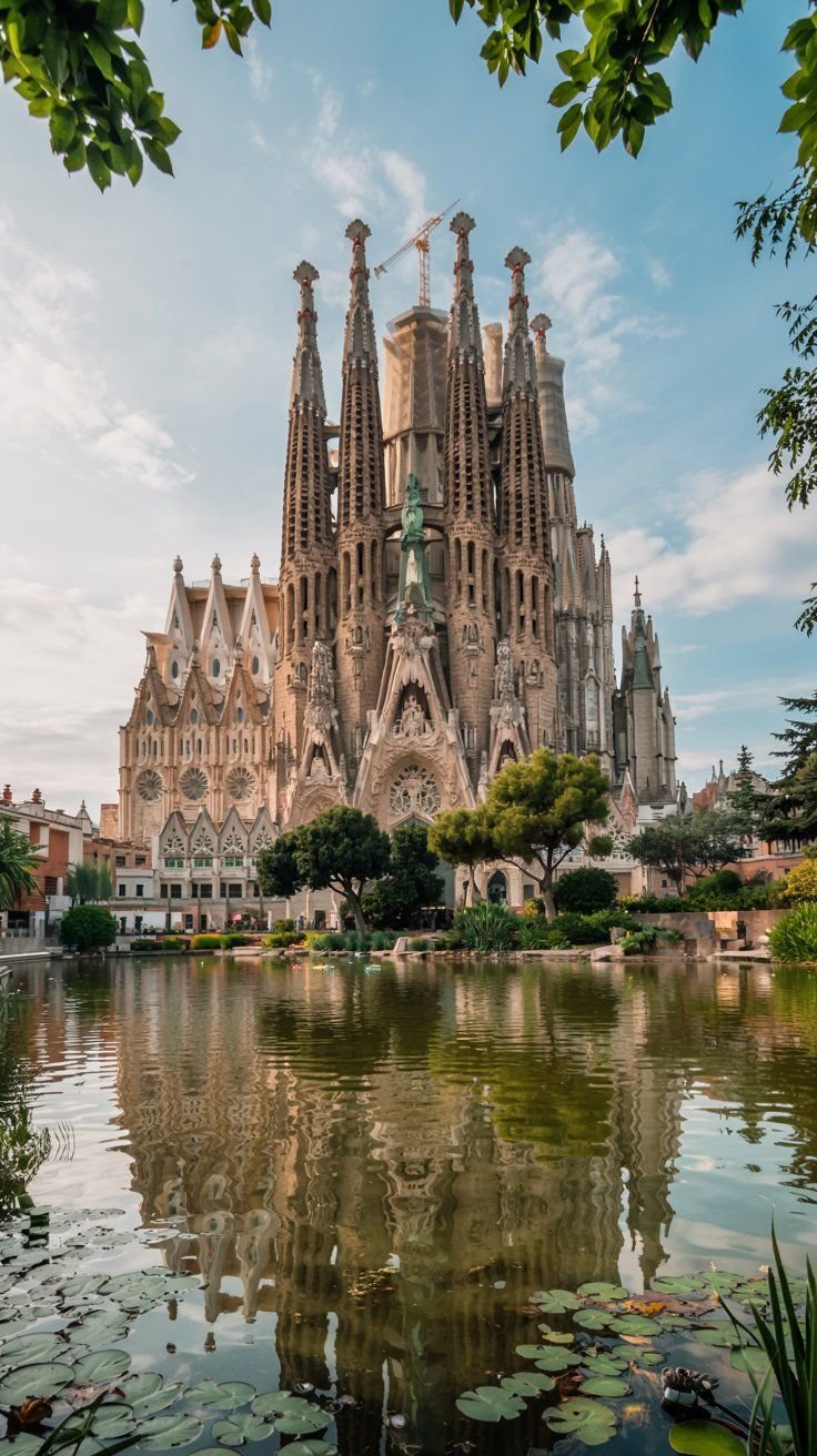 This may contain: the famous cathedral in barcelona, spain is surrounded by lily pads and water lillies