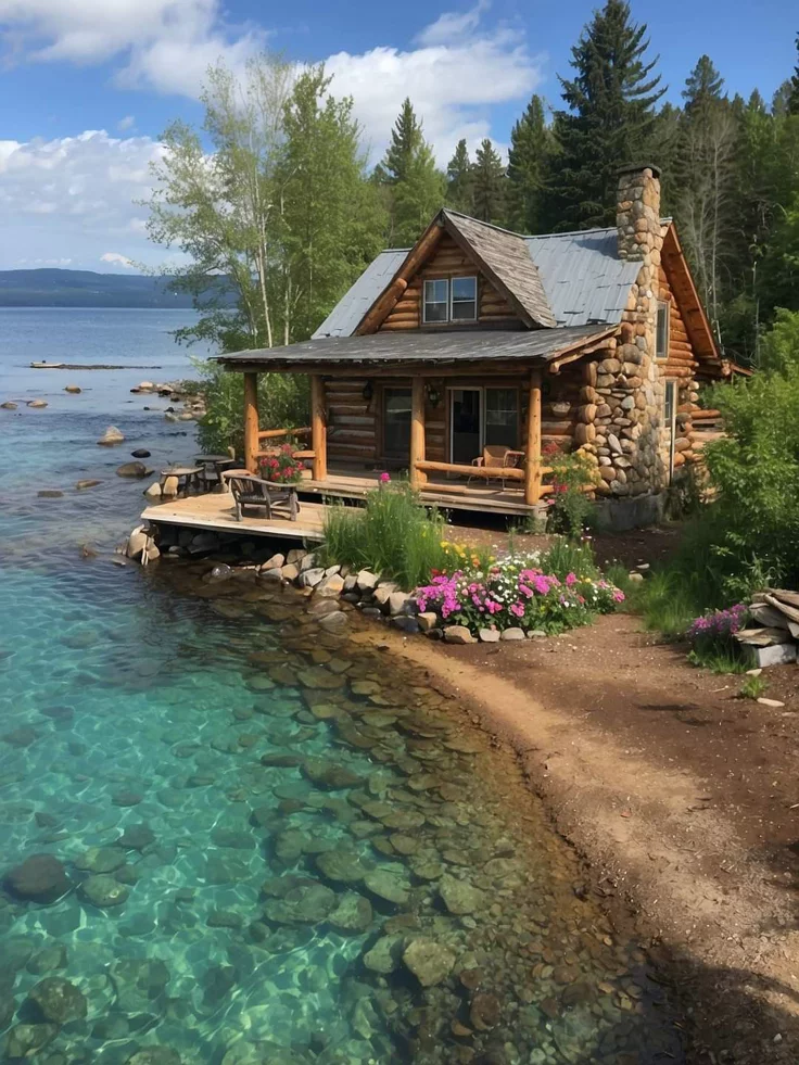 This may contain: a log cabin sits on the shore of a lake with clear blue water and green trees