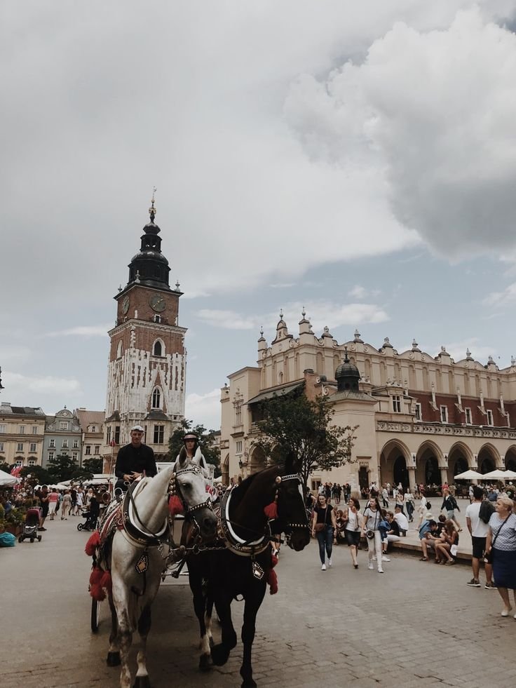 This may contain: two horses are pulling a carriage in front of a building with many people on it