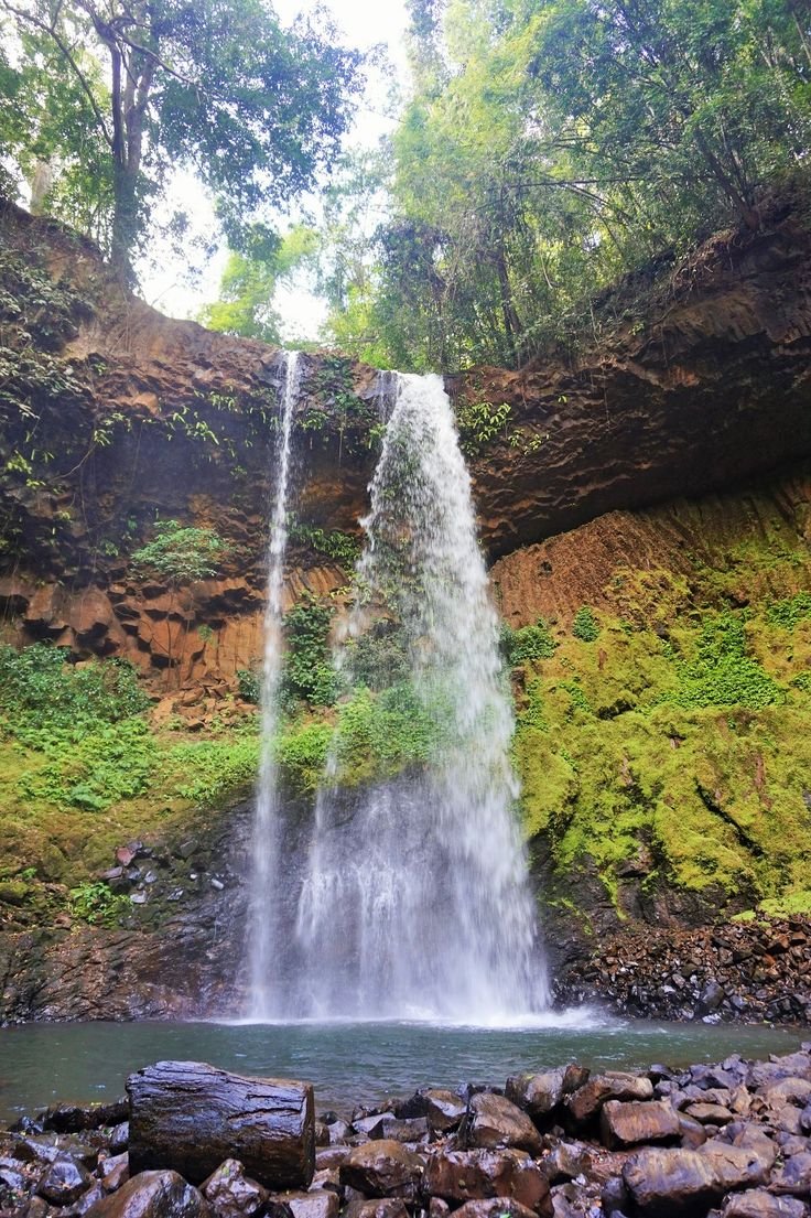 This may contain: a large waterfall in the middle of a lush green forest